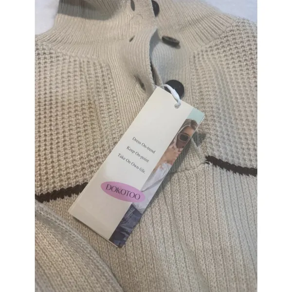 Dokotoo NWT Beige/Brown Striped Collared Button Neck Knit Pullover Sweater L Size L - Image 5