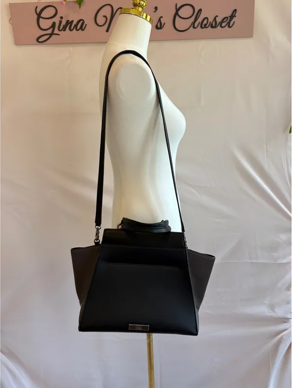 ZAC Zac Posen Black and Dark Brown Leather Structured Top Handle Bag with Detach - Image 4