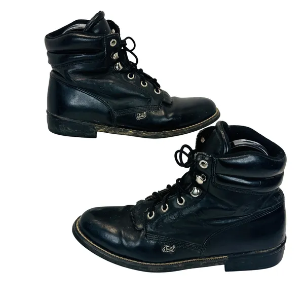 Justin Basics Black Leather Roper‎ Lace-Up Boots Women's 6B Work Western Vintage - Image 2