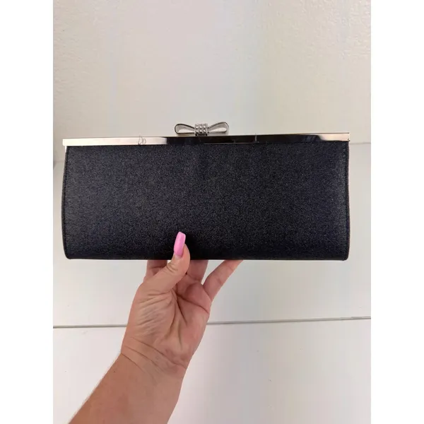 INC International Concepts Black Glitter Evening Clutch Rhinestone‎ Bow - Image 3