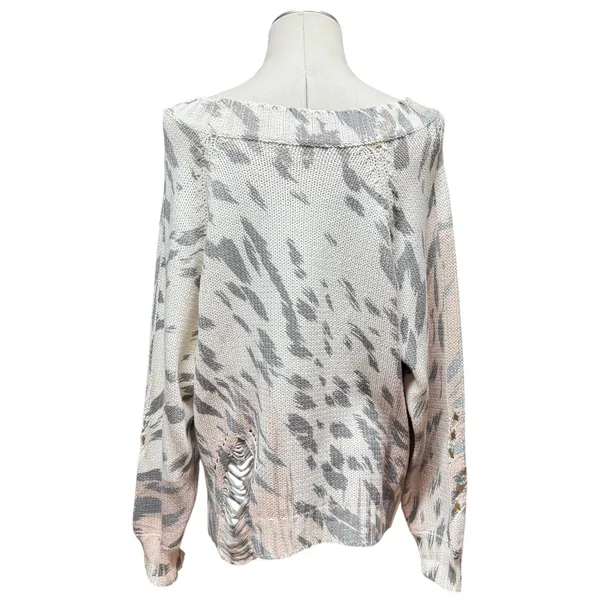 Umgee Distressed Sweater Cream Gray Tan Pink Medium - Image 6