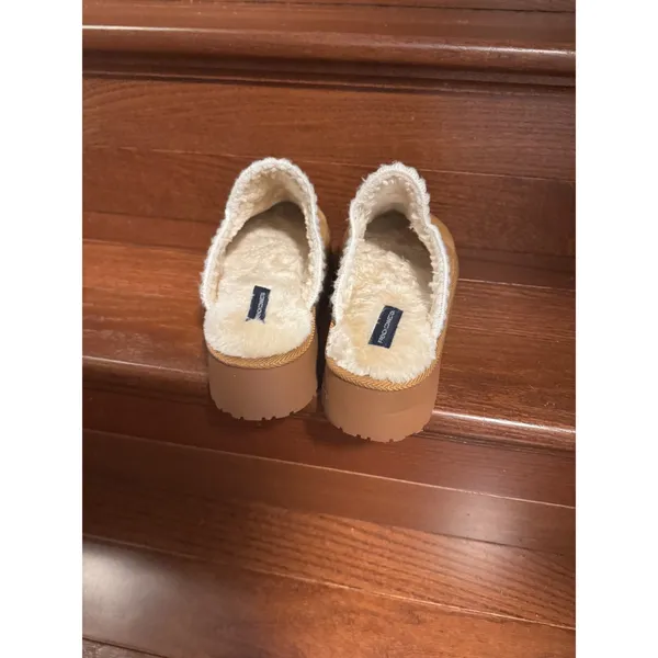 French Connection Womens Chunky Platform Slippers Tan Faux Fur Mules Size M 7-8 - Image 4