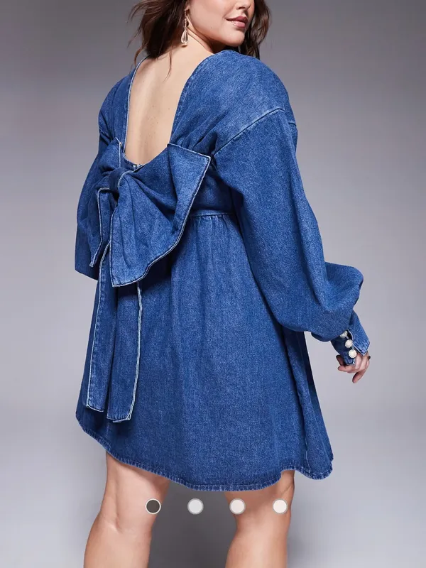 ASOS Luxe Curve Denim Baby Doll Long Sleeve Mini Dress with Bow Back Blue 16 - Image 2