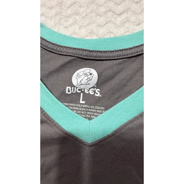 Buc-ee's Choose Joy Embroidered V-Neck Ringer T-Shirt Gray Teal Women Large - Image 3