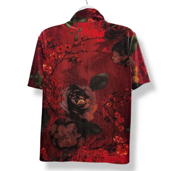Vintage Floral Top Velvety Ribbed Short Sleeves Deep Red Mock Neck‎ Women Medium - Image 2