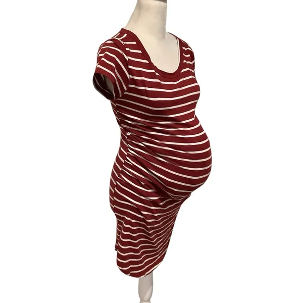 Maternity Heart & Hips Burgundy and White Short Sleeve Striped Dress Size M - Image 2