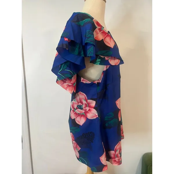 Banana Republic Tropical Blue Floral Cold Shoulder Flutter Sleeve Blouse Top XL - Image 4