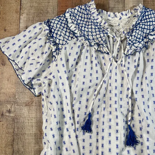 Pilcro Anthropologie Large Blue White Smocked Yoke Tassel Cotton Peasant Blouse - Image 2
