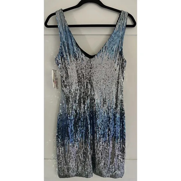 As You Wish Mini Bodycon Blue Silver Hombre Sequin Sexy Cocktail Club Dress Sz L - Image 4