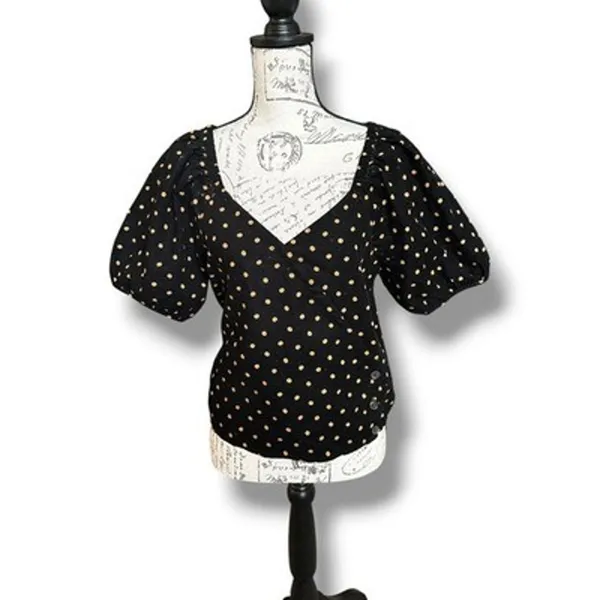 Madewell Corduroy Puff Sleeve Black Brown Polka Dot Faux Wrap V-Neck Top Medium - Image 2