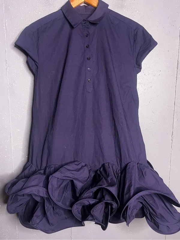 Anthropologie Maeve Short-Sleeve Collared 3D Ruffle Mini Shirt Dress Navy. XS - Image 3