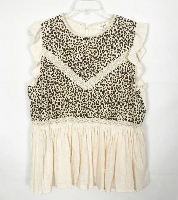 Umgee Womens Top Large Cotton Animal Print Gauzy Ruffle Hem Cottagecore Relaxed - Image 3