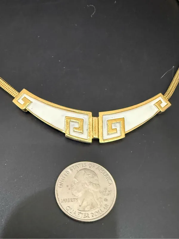 Vintage Signed TRIFARI Gold-tone Off White Enameled Greek Key Style Necklace - Image 9
