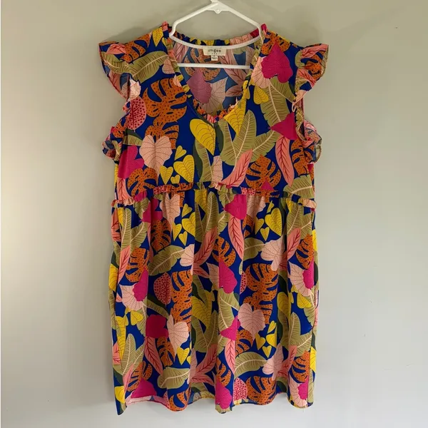 Umgee Tropical Leaf Flutter Sleeve Babydoll Mini Dress C3776 Blue‎ Pink Mens M - Image 2