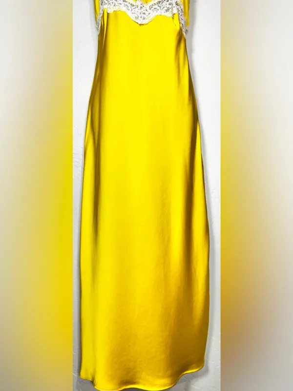 Zara Yellow Satin Finish Slip Dress with White Lace Trim Size Small - Image 9