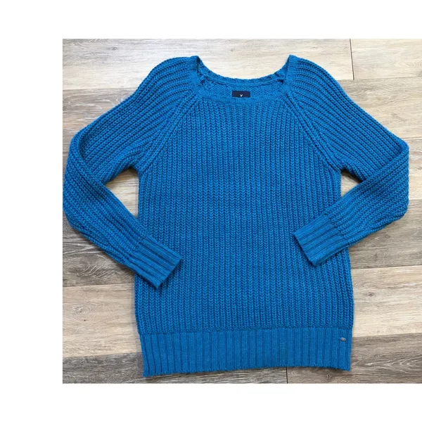 American Eagle Blue Jegging Sweater Medium Chunky Knit Cozy Fall Winter Top - Image 2