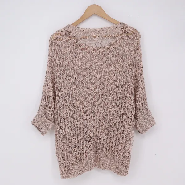 POL Sweater Women M Boho Open Knit Crochet Pink Marled Cuffed Sleeve Excellent - Image 3