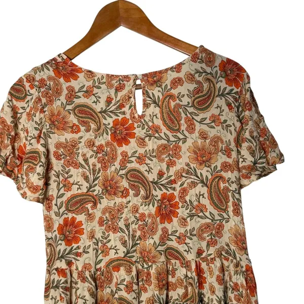 BOHO Paisley Babydoll Mini‎ Dress Size XS Orange Ruffle Festival Western Cottage - Image 6
