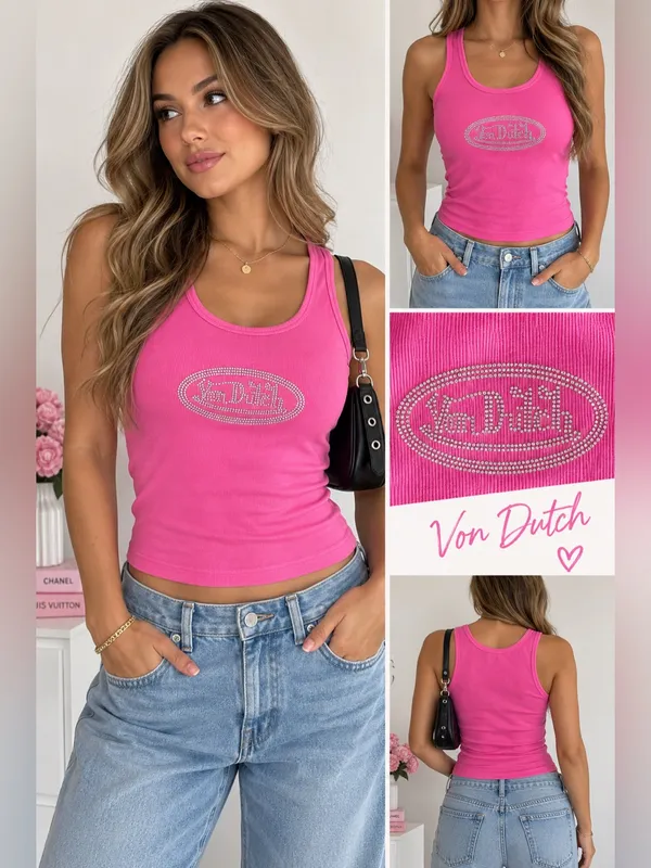 Von Dutch Hot Pink Rhinestone Logo Ribbed Tank size X-Large - Image 2