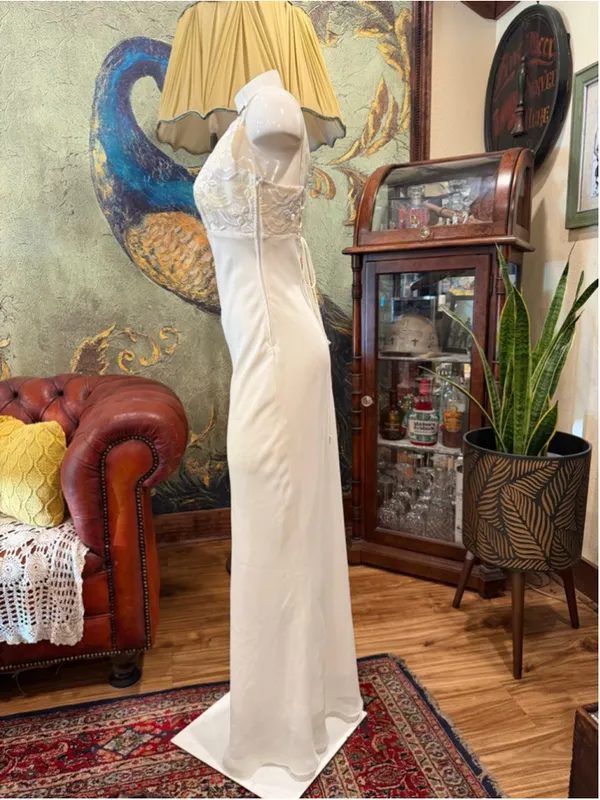 VTG Kiki USA White Embroidered Lace Corset Maxi Dress Rhinestone Strap Small 90s - Image 4