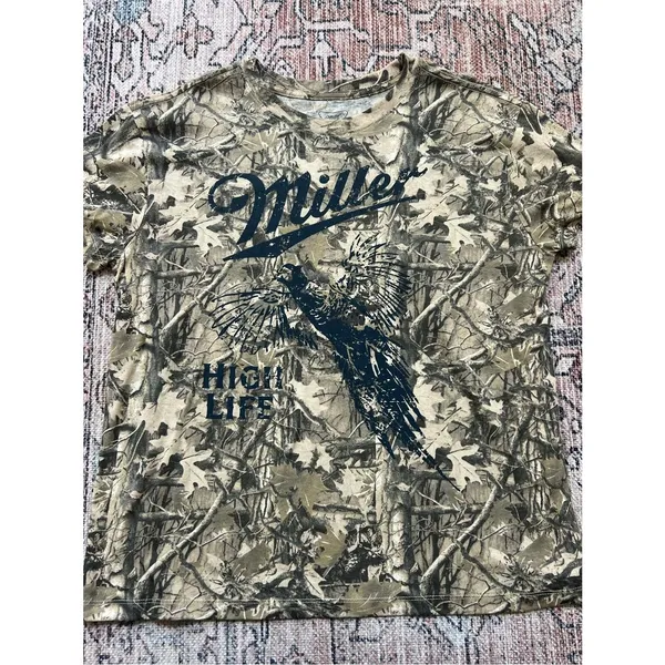 Miller High Life Graphic Camo Tee NWOT Tan with Navy Print Size Large - Image 8