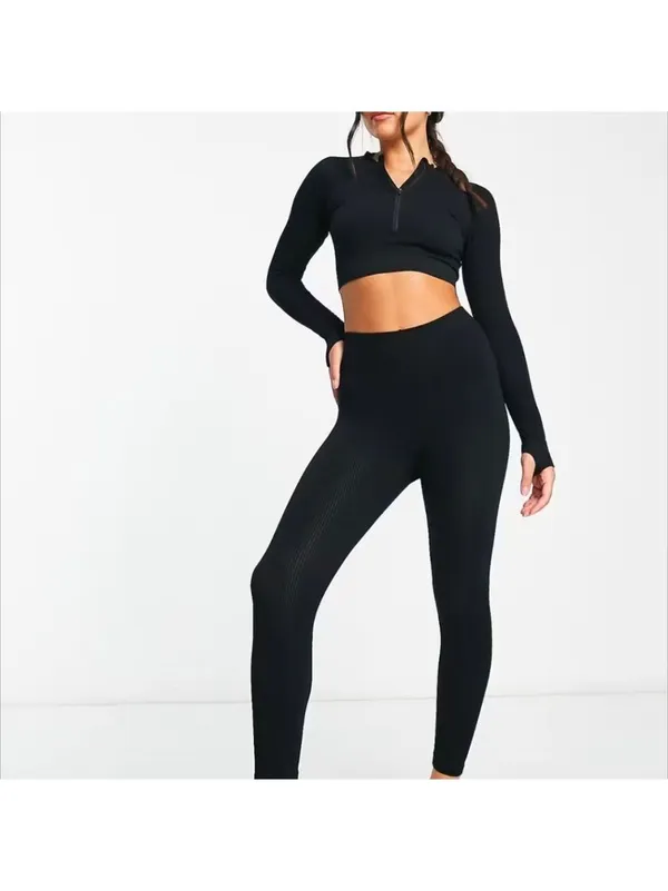 HIIT By Asos seamless rib 1/4 zip Crop top in black Size Large - Image 6