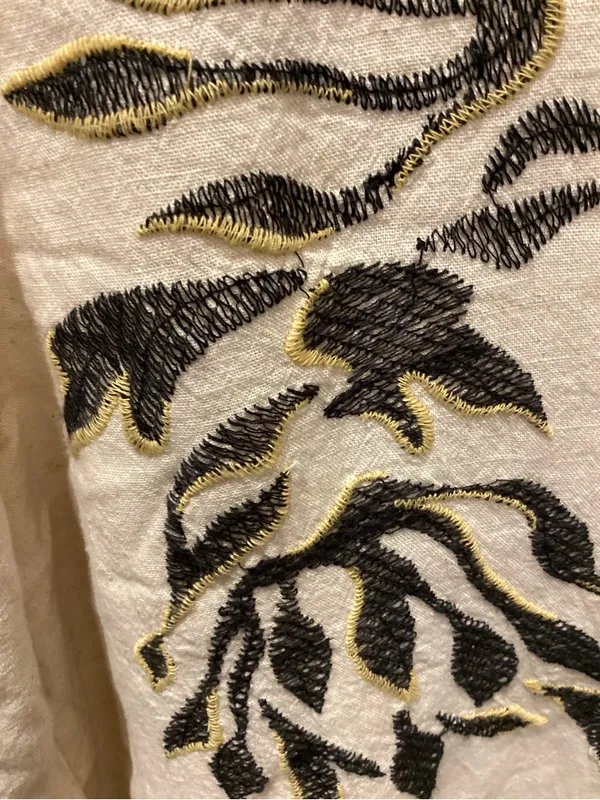 Cream Embroidered V-Neck Mini Dress with Black & Gold Motifs - Image 3