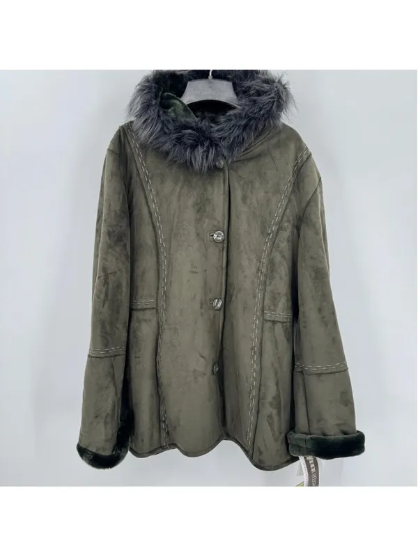 Olive Green Hooded Penny Lane Jacket Faux Shearling Fur Lined Embroidery XL NEW - Image 2