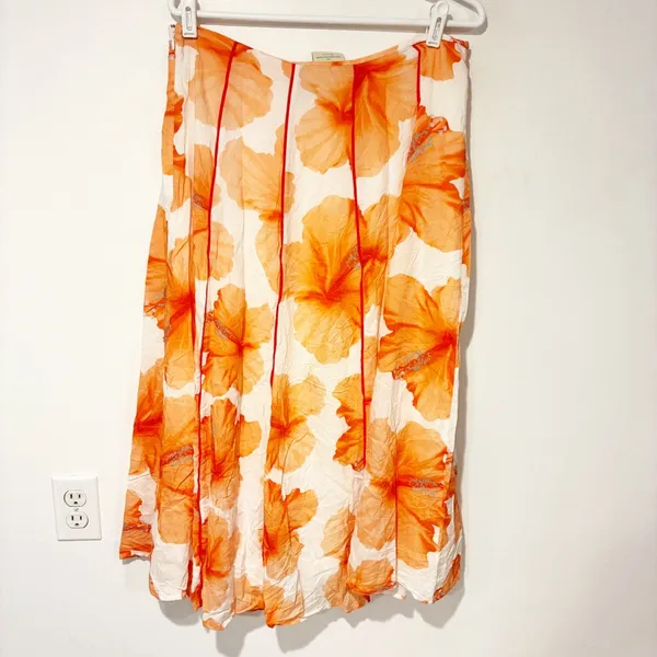 Farm‎ Rio Size Large Orange Floral Pleated Fully Lined Midi Skirt - Image 6