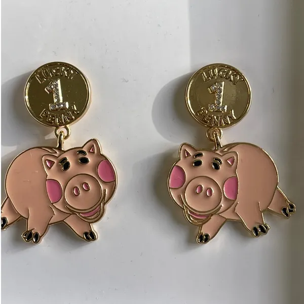 Disney Pixar BaubleBar Toy Story Hamm Earrings Coin Drop Studs NEW Pink Gold - Image 2