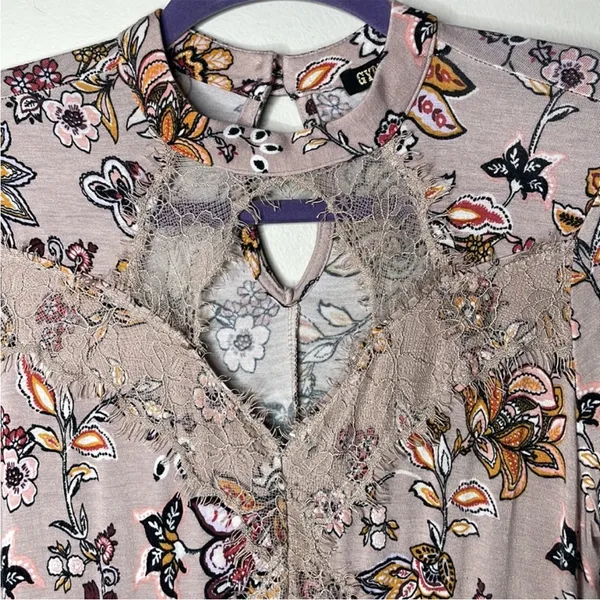Gypsies & Moondust Pink Retro Floral‎ Lace Peek A Boo Flowy Mini Dress L - Image 4