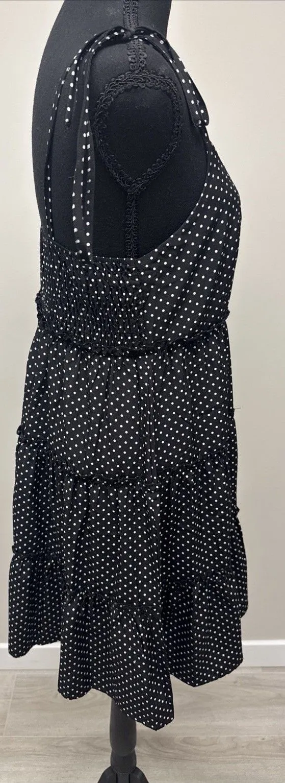 Greath Black White Polka Dot Tiered Midi Dress Tie Strap Womens Medium - Image 3