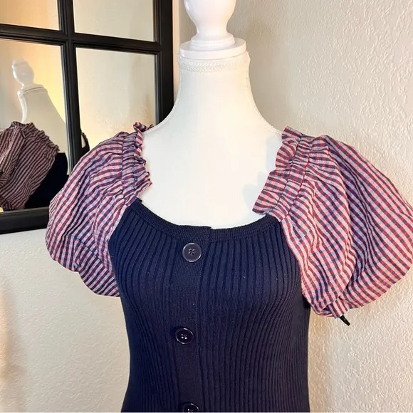 Maeve Anthropologie Ribbed Puff Sleeve Mini Dress Navy Gingham NWT‎ Size Small - Image 11