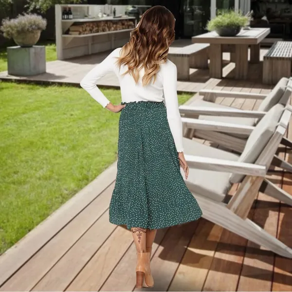 Exlura Women’s High Waist Green White Polka Dot Pleated Midi Swing Skirt Size XL - Image 5