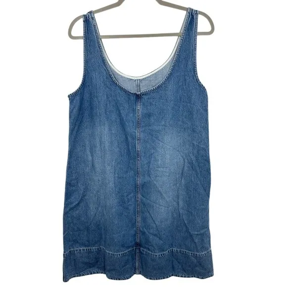 Madewell Denim Pinafore Dress Blue‎ Wash Sleeveless Side Zip Pockets Size L - Image 14