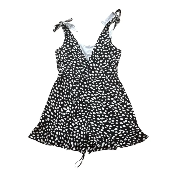 Black White Polka Dot Romper Tie Shoulder Ruffle Hem Sleeveless Sunsuit S - Image 3