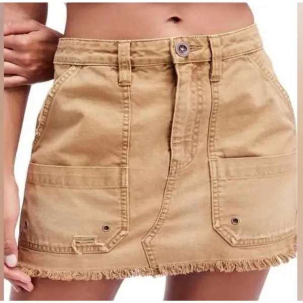 Free People Utility Cargo Mini Skirt Size 27 Brown Distressed Raw Hem - Image 3
