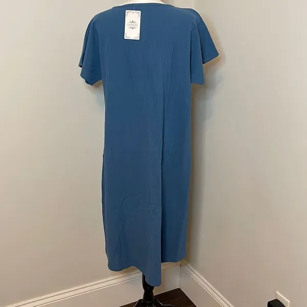 La Mode | Blue Short-Sleeve Jewel-Collar Pocket Midi Dress - Women Dress. Size L - Image 4