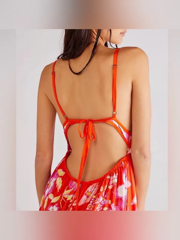 Free People Wisteria Maxi Dress XS $148 vibrant orange pop combo floral print - Image 2