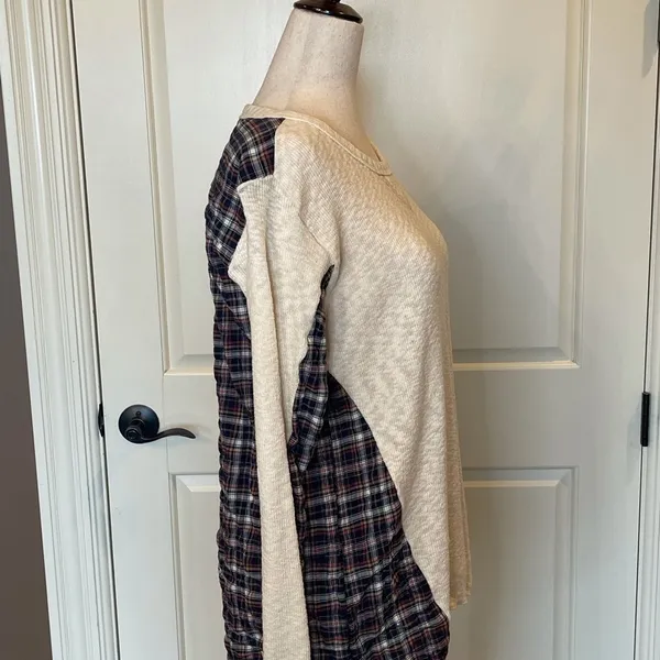 Pete Cream Front Plaid‎ Back Slub Cotton Top M - Image 4