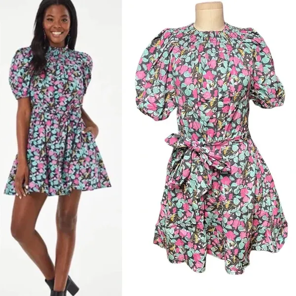 Roller Rabbit Manusa Ainsley Mini Dress‎ Black Floral Print Size Large - Image 2