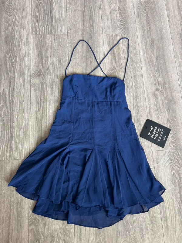 New Lulus Perfected Dark Blue Pleated Tiered Mini Dress Size Large MSRP $62 - Image 5