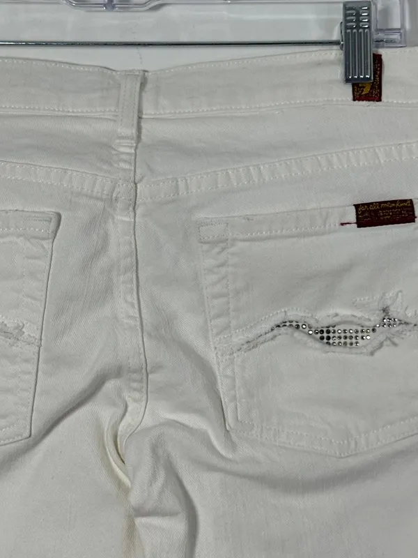 7 For All Mankind Sz 27 White Denim Low-Rise Skinny Jeans Y2K Rhinestone Pockets - Image 3