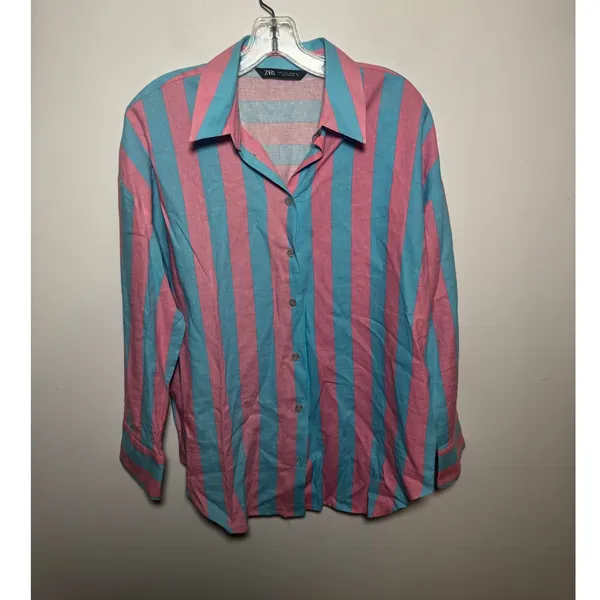 Zara Pink Blue Striped Long Sleeve Button Up Dress Shirt Size S Small - Image 3