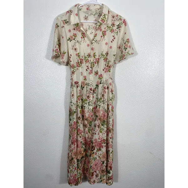 Figueroa & Flower Boho Shirt Dress Medium Beige Floral Cottagecore Retro Prairie - Image 3