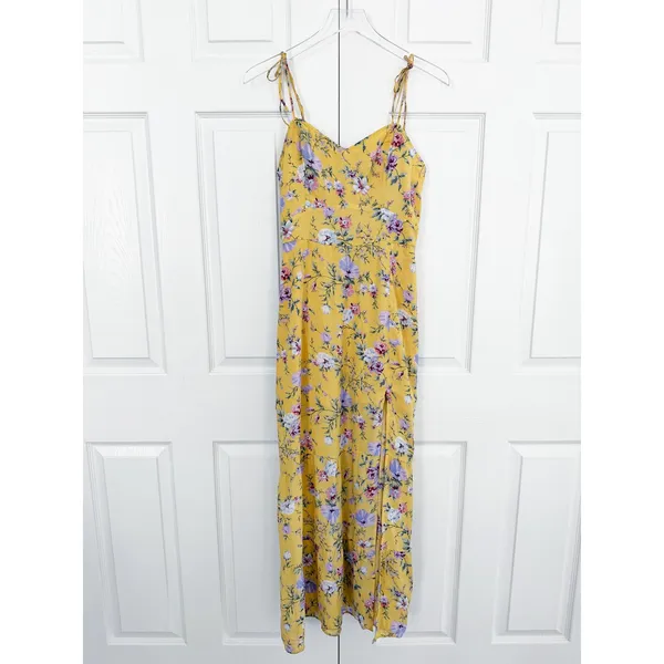 Abercrombie & Fitch Butter Yellow Floral Tiered Maxi Dress Tie Strap Romantic - Image 2