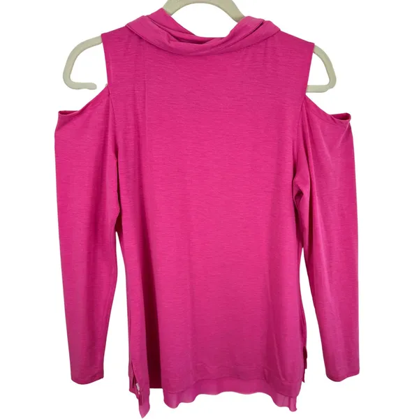 Nanette‎ Lepore Magenta Pink Cold Shoulder Cowl Neck Long Sleeve Top Mesh Trim M - Image 2