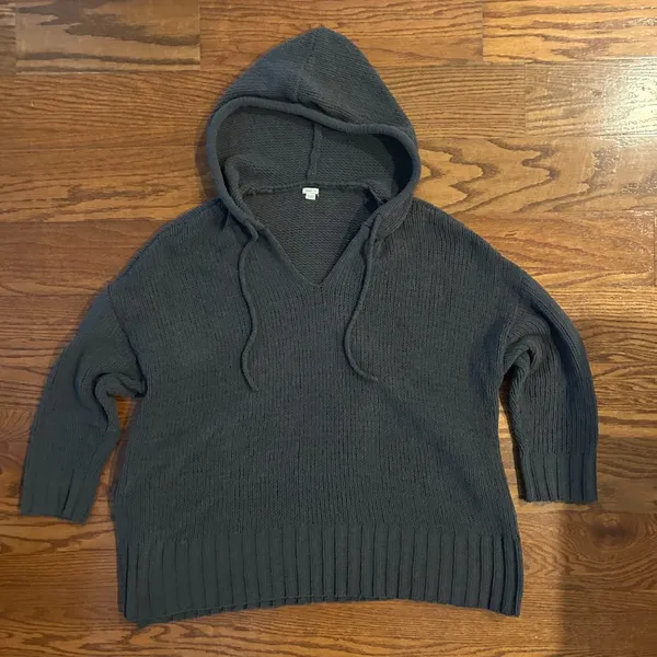 Aerie Oversized Chunky Knit Hoodie Drop Shoulder Size Large Dark Gray - Image 12