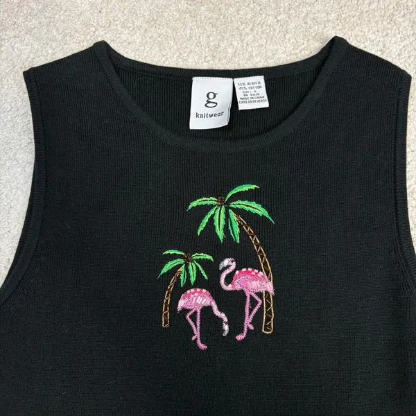 G Knitwear Vintage Embroidered Flamingo Palm Trees Knit Top Size S - Image 2