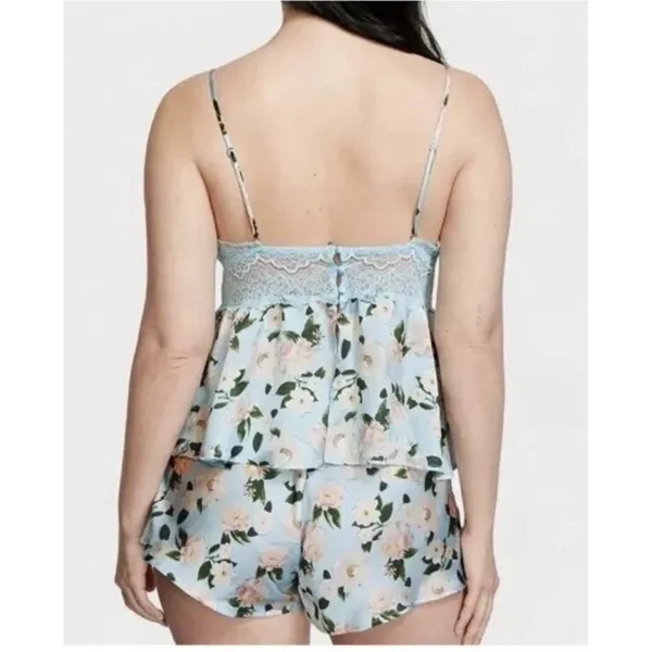 VICTORIA'S SECRET Blue LACE SATIN CAMI Pajama Babydoll S Lounge SET FLORAL I19-1 - Image 2